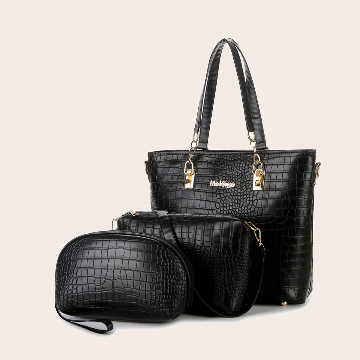 

3pcs Croc Embossed Tote Bag Set, Black