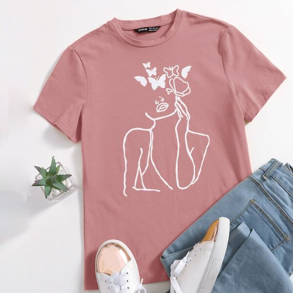 

Butterfly & Figure Graphic Tee, Dusty pink