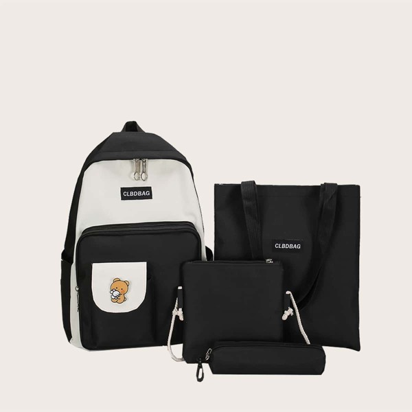 

4pcs Kids Letter Graphic Backpack Set, Black