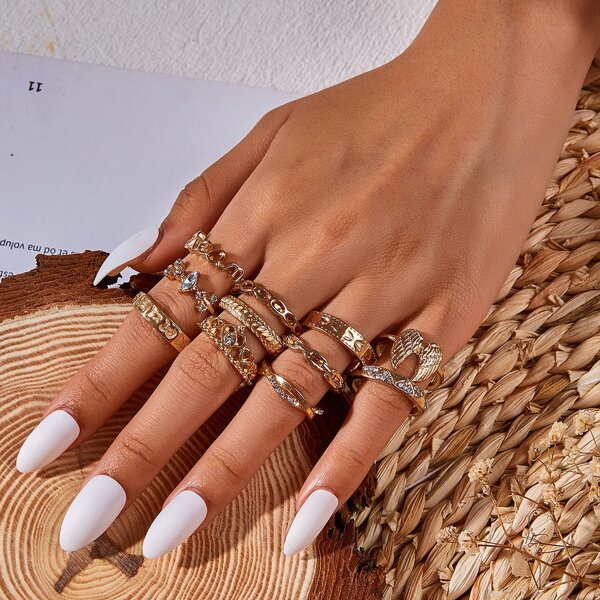 

11pcs Rhinestone Decor Ring, Gold