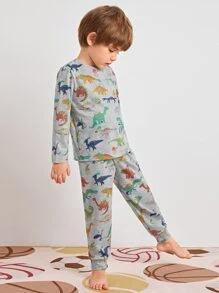 SHEIN Leap Crew Young Boy Dinosaur Print Top & Pants PJ Set - Multicolor - View 1