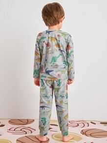 SHEIN Leap Crew Young Boy Dinosaur Print Top & Pants PJ Set - Multicolor - View 2