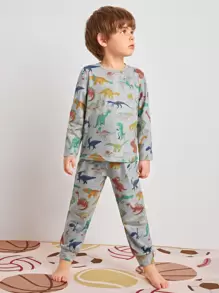 SHEIN Leap Crew Young Boy Dinosaur Print Top & Pants PJ Set - Multicolor - View 3