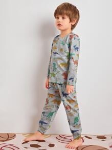 SHEIN Leap Crew Young Boy Dinosaur Print Top & Pants PJ Set - Multicolor - View 4