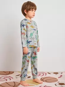 SHEIN Leap Crew Young Boy Dinosaur Print Top & Pants PJ Set - Multicolor - View 5