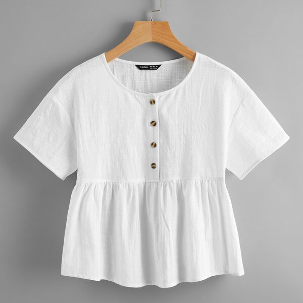 

Button Half Placket Peplum Top, White