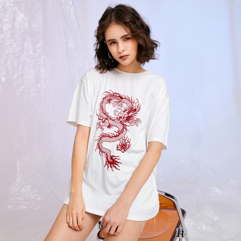 

Chinese Dragon Graphic Oversized Tee, White