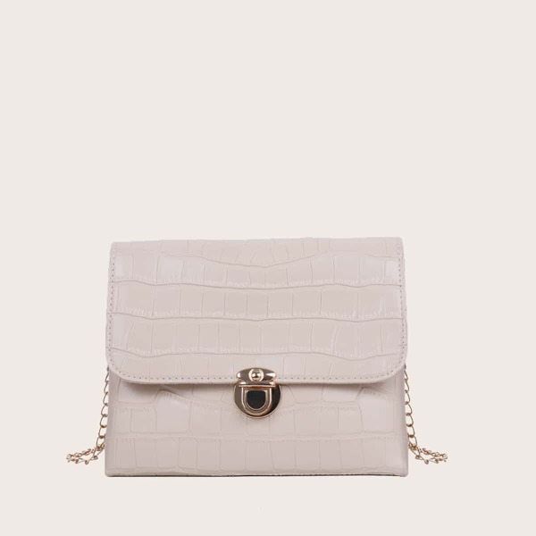 

Push Lock Croc Embossed Square Bag, Beige