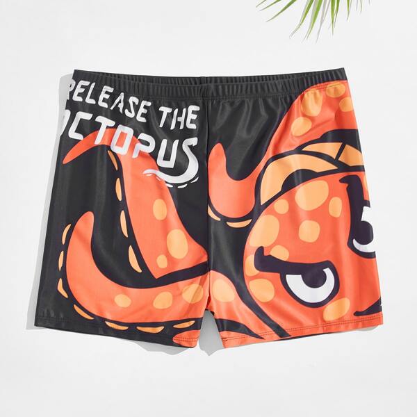 

Men Letter And Cartoon Graphic Swim Trunks, Multicolor