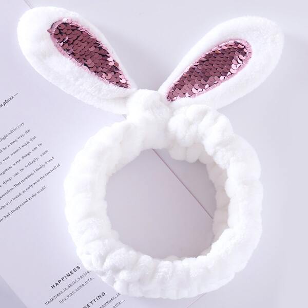 

Sequin Rabbit Ear Detail Bath Headband, White