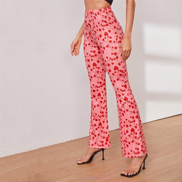 

Allover Heart Print Flare Leg Pants, Pink