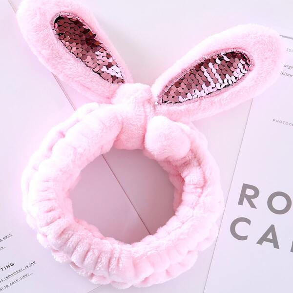 

Sequin Rabbit Ear Detail Bath Headband, Pink