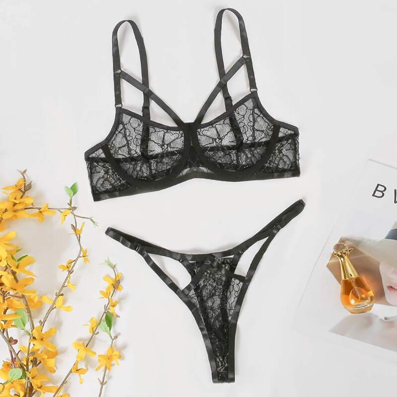 

Floral Lace Underwire Harness Lingerie Set, Black