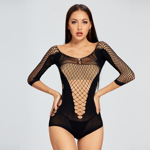 

Hollow Out Fishnet Teddy Bodysuit, Black