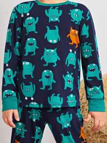 SHEIN 小男童卡通圖案上衣和褲子睡衣套裝 - 彩色 - 查看 4