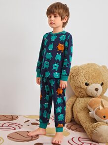 SHEIN 小男童卡通圖案上衣和褲子睡衣套裝 - 彩色 - 查看 5