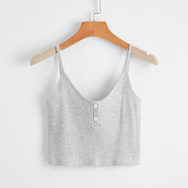 

Solid Button Ribbed Crop Cami, Light grey