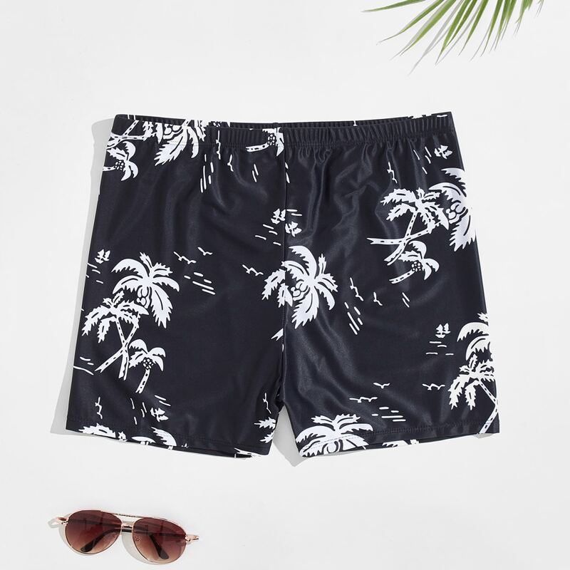 

Guys Palm Tree Print Swim Trunks, Black