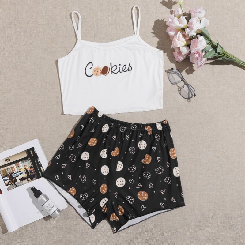 

Letter & Cartoon Graphic Cami PJ Set, Black and white