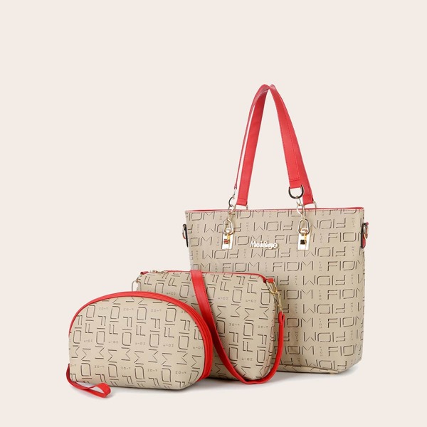 

3pcs Letter Graphic Tote Bag Set, Khaki