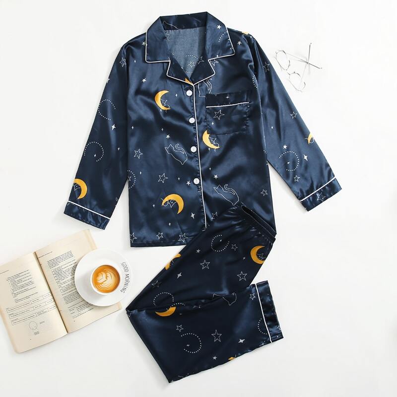 

Satin Moon Print PJ Set, Navy blue