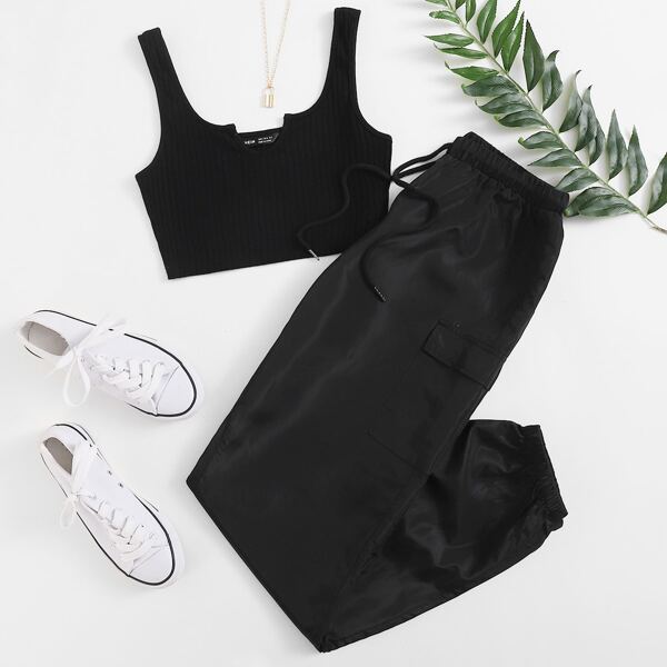 

Notched Neck Tank Top & Flap Pocket Pants Set, Black
