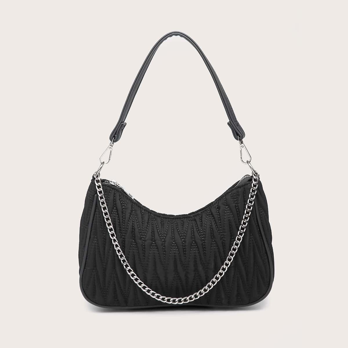 

Quilted Chain Baguette Bag, Black