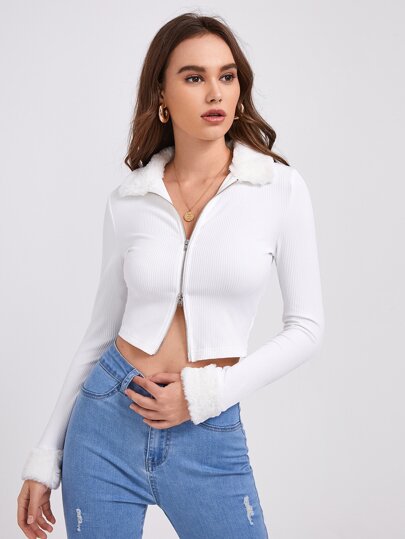 Contrast Faux Shearling Zip Up Rib-knit Jacket