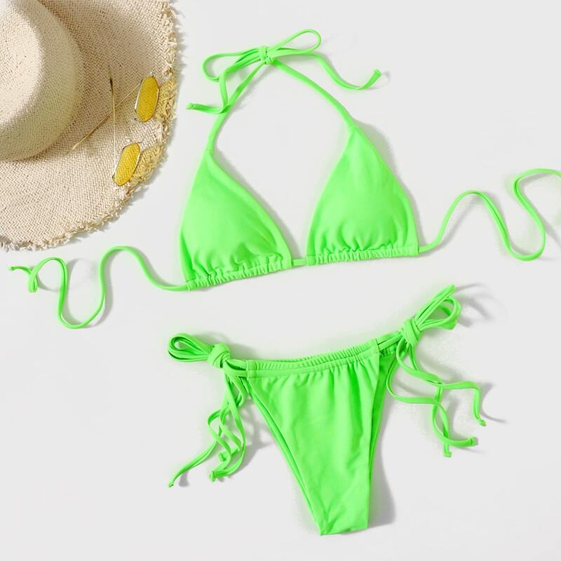 

Solid Triangle Tie Side Bikini Swimsuit, Lime green