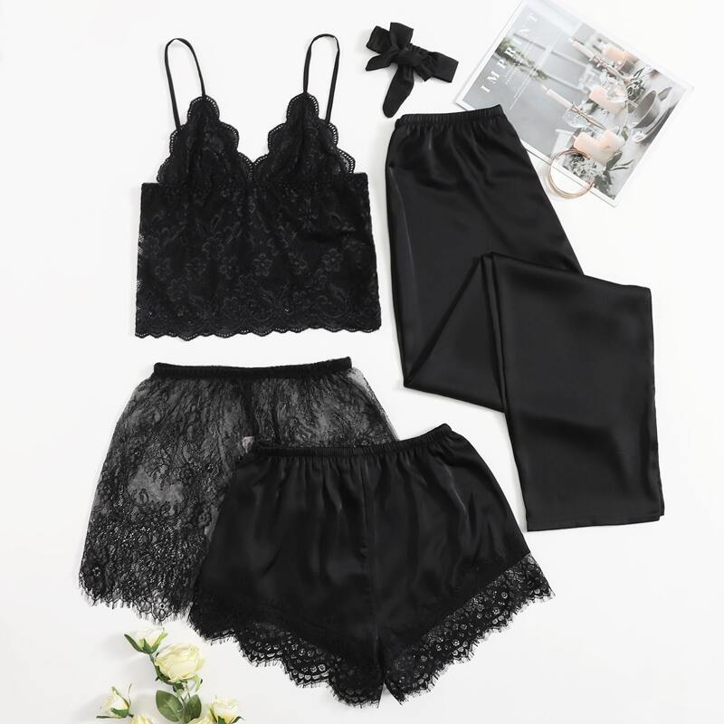 

5pc Scallop Lace Trim Satin Night Set, Black