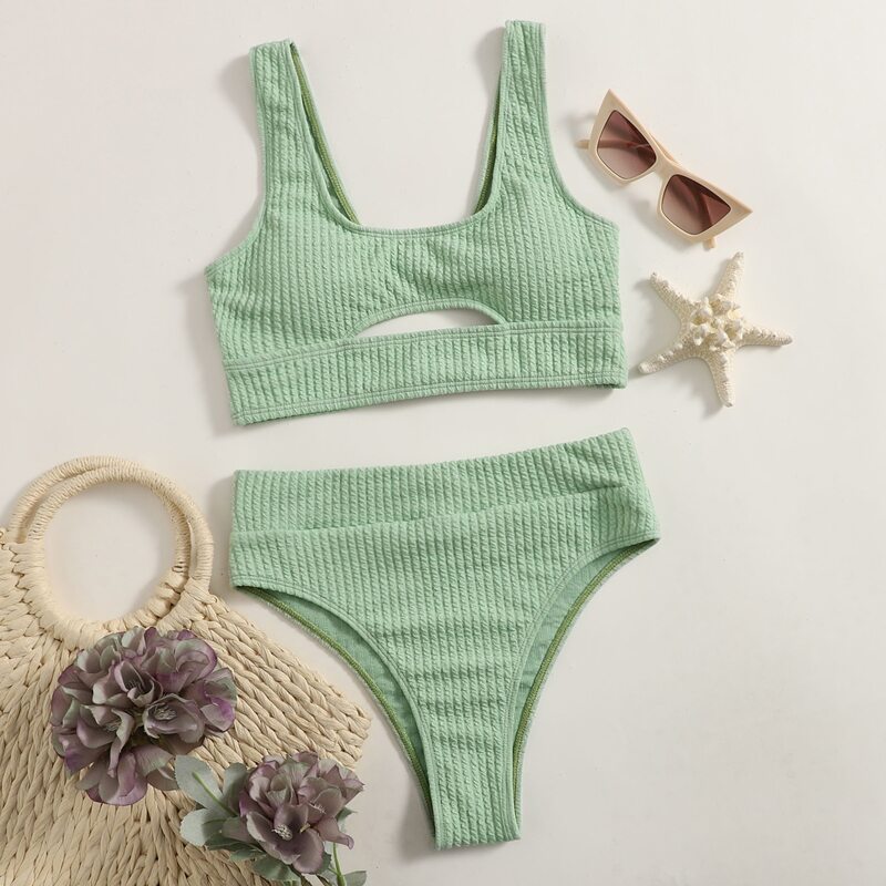 

Solid High Waist Bikini Swimsuit, Green