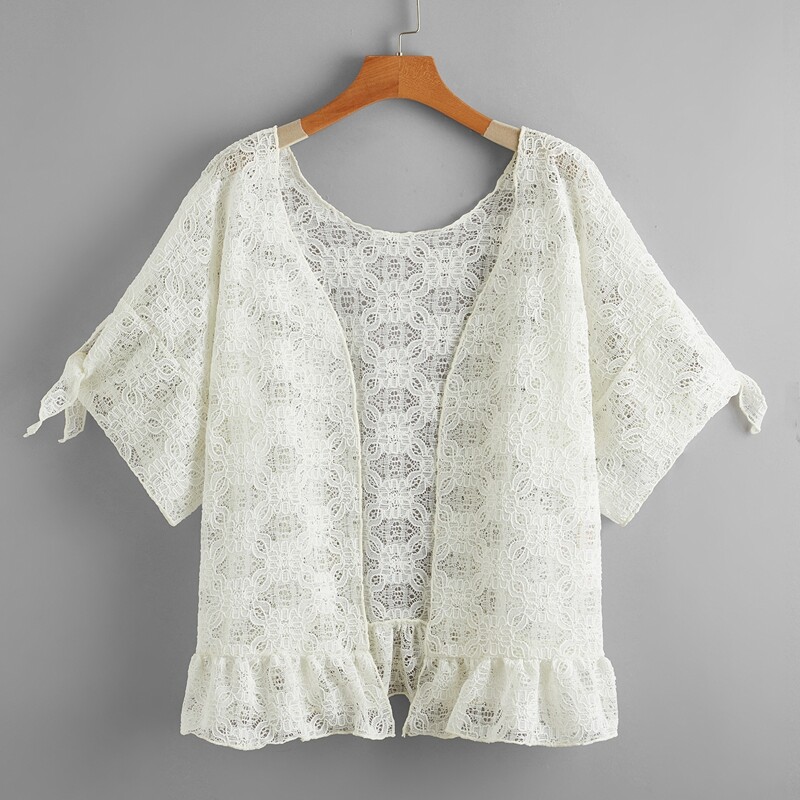 

Floral Lace Ruffle Hem Kimono, Beige