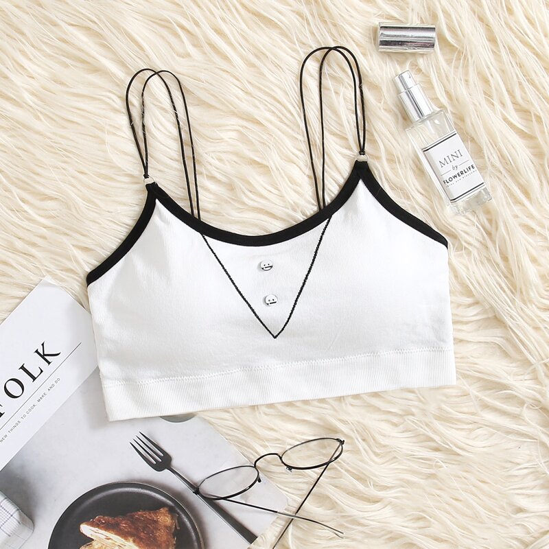 

Contrast Binding Button Bralette, White