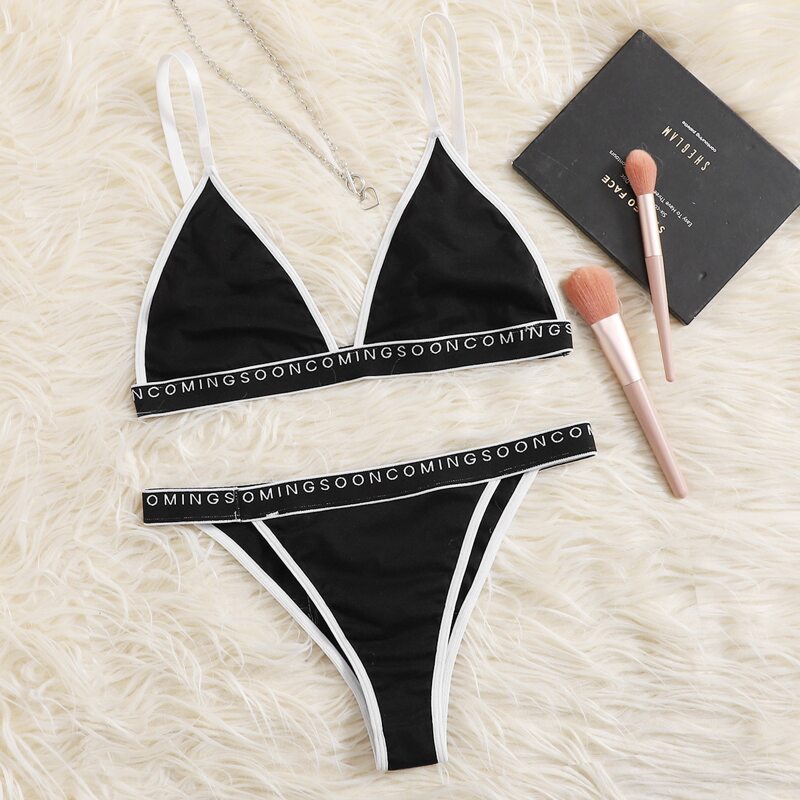 

Letter Tape Contrast Binding Lingerie Set, Black