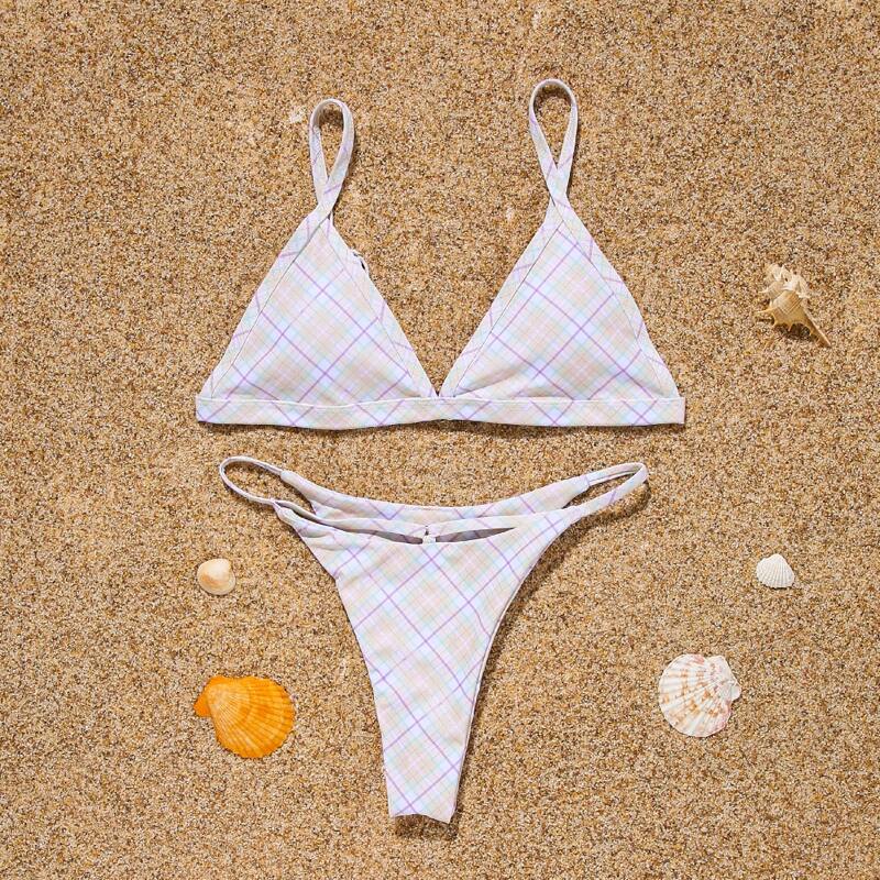 

Plaid Triangle Thong Bikini Swimsuit, Multicolor