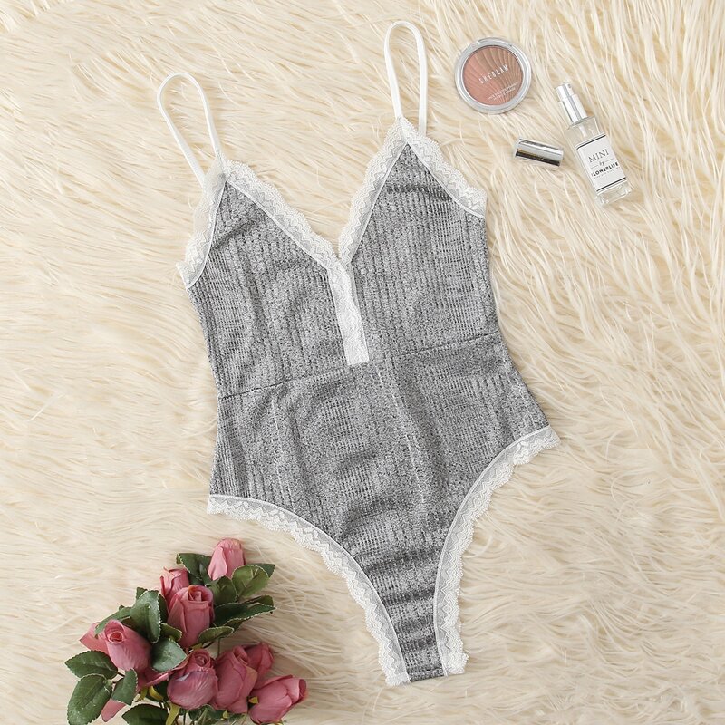 

Lace Trim Teddy Bodysuit, Grey