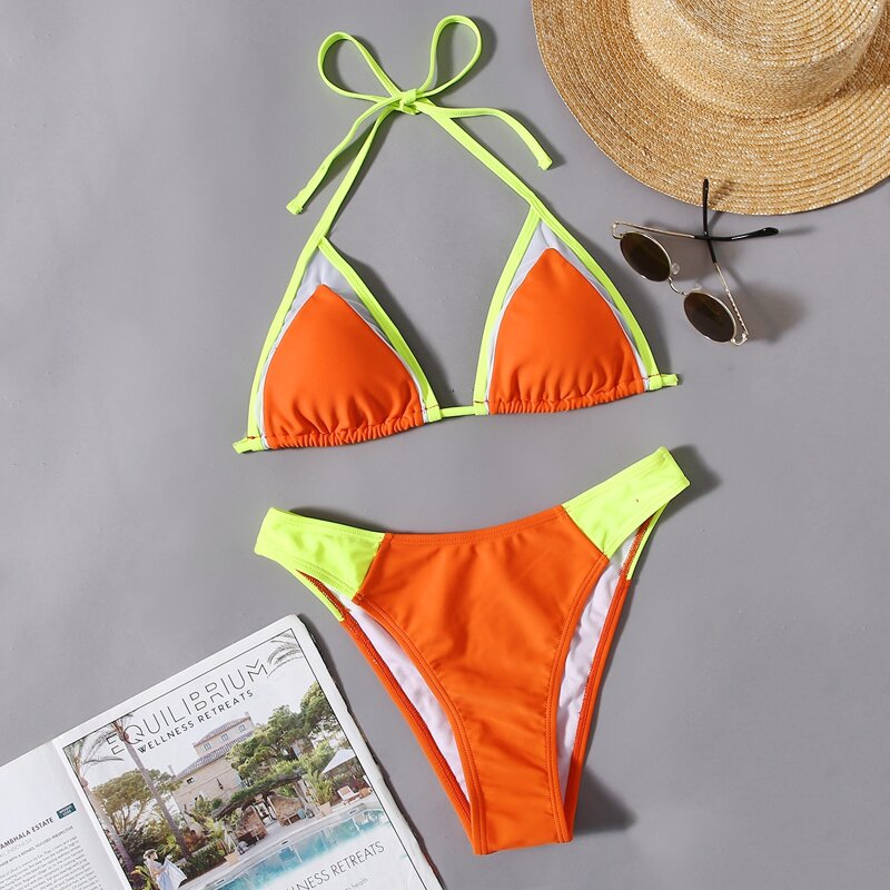 

Colorblock Contrast Mesh Bikini Swimsuit, Orange