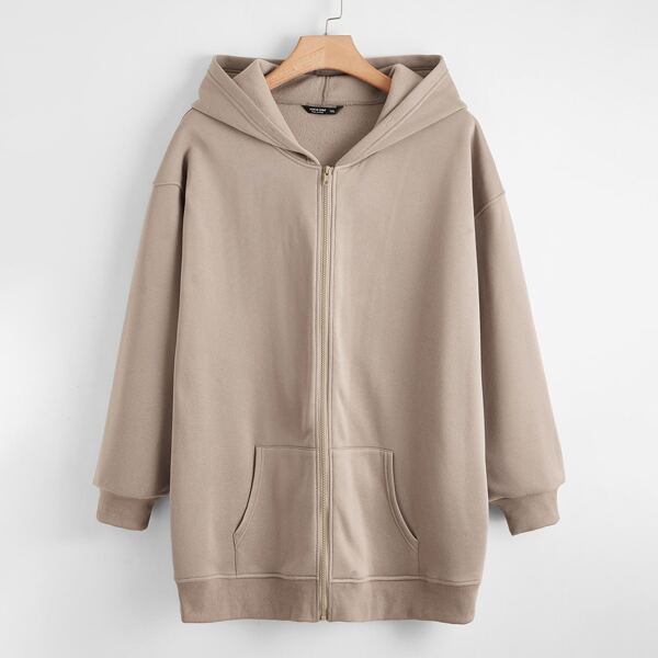 

Plus Drop Shoulder Zip Up Hooded Sweatshirt, Apricot