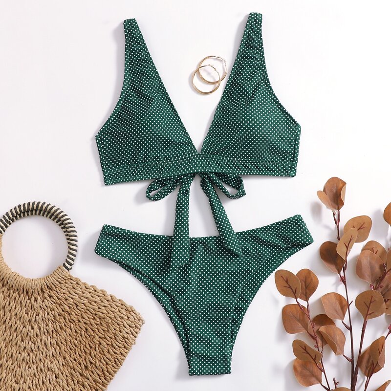 

Polka Dot Knot Decor Bikini Swimsuit, Dark green