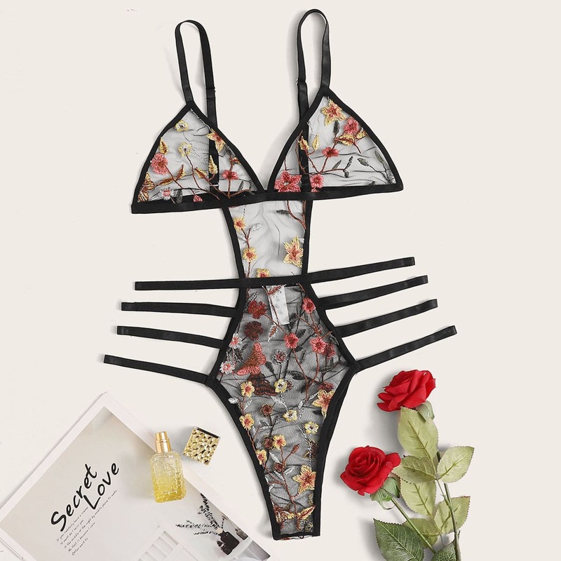 

Lace Floral Cut-out Teddy Bodysuit, Black