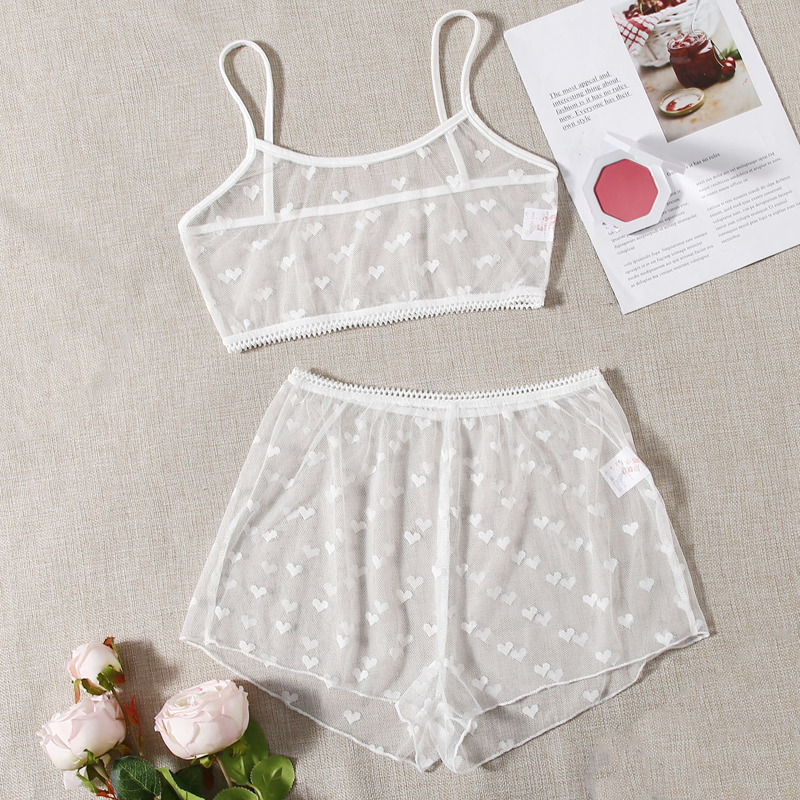 

Mesh Heart Print Sheer Lingerie Set, White