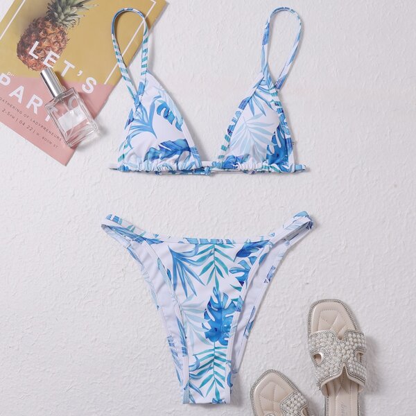 

Tropical Triangle Thong Bikini Swimsuit, Blue and white