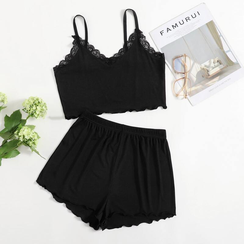 

Lace Trim Lounge Set, Black