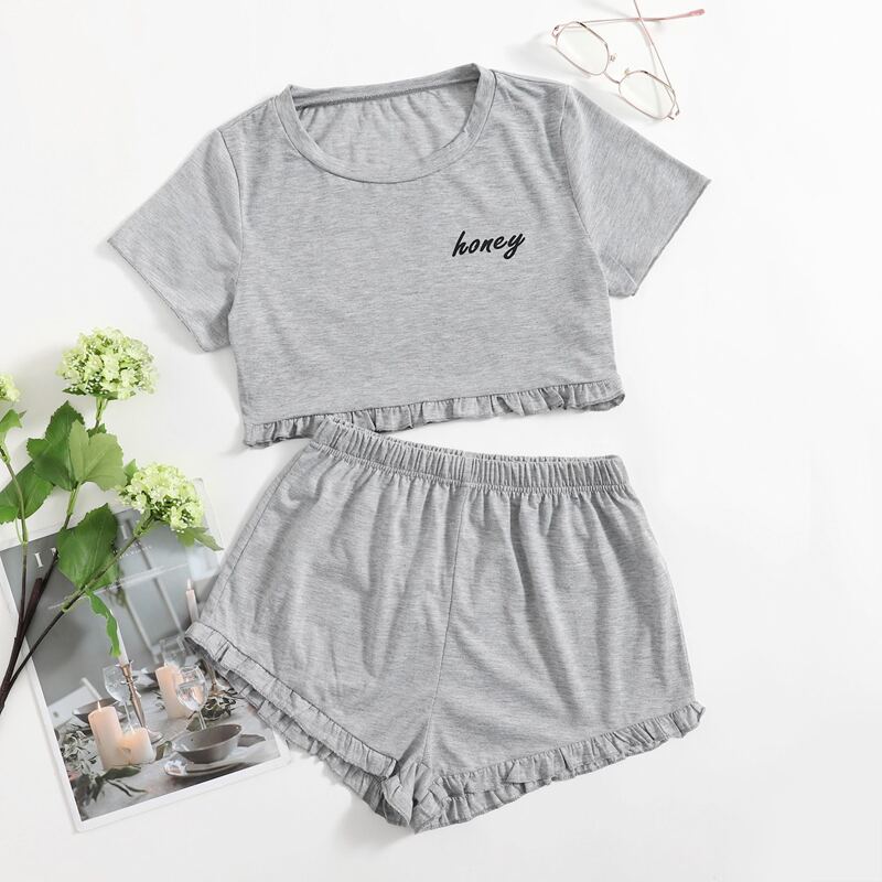 

Letter Ruffle Hem Shorts Lounge Sets, Light grey