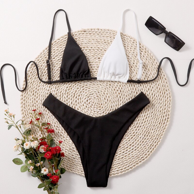 

Color Block High Cut Bikini Swimsuit, Black and white