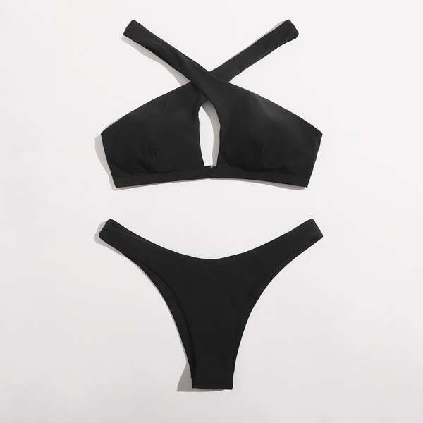 

Crisscross High Cut Bikini Swimsuit, Black