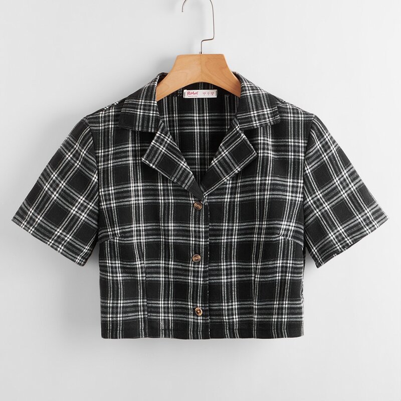 

Plaid Button Front Crop Blouse, Black
