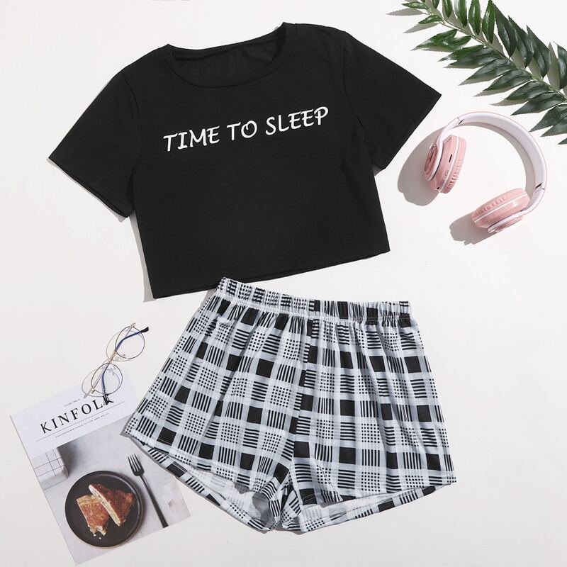 

Slogan Plaid Shorts PJ Set, Black