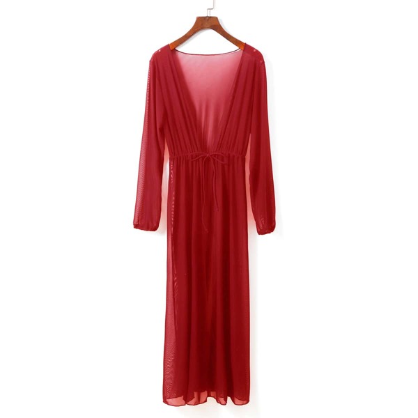 

Mesh Tie Front Longline Kimono, Red