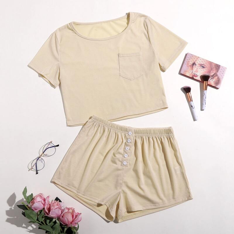 

Solid Button Shorts PJ Set, Beige